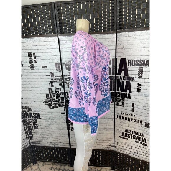 Cynthia Rowley M Pink Woven Floral Print Cotton Tie Tassel Neck Long Sleeve Top - Picture 3 of 5